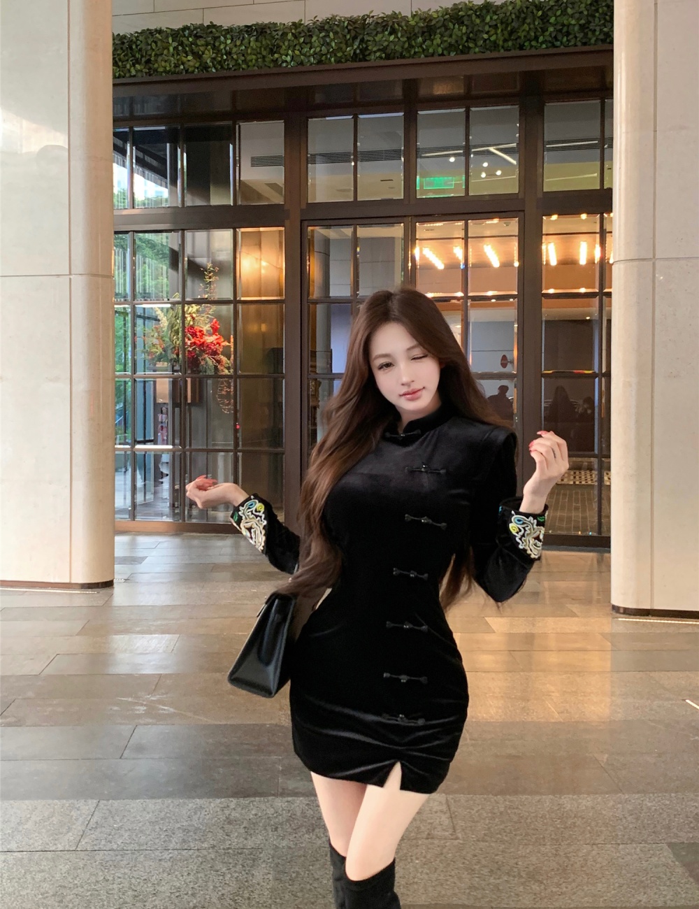 Cstand collar black dress retro Chinese style cheongsam