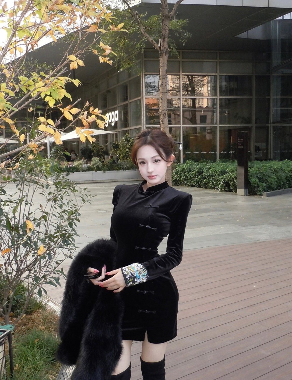 Cstand collar black dress retro Chinese style cheongsam