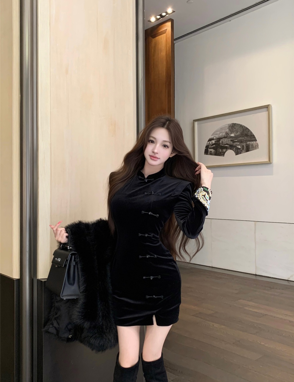 Cstand collar black dress retro Chinese style cheongsam