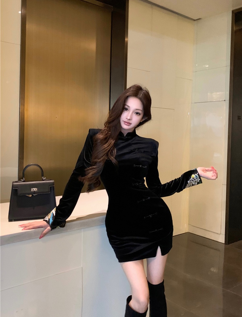 Cstand collar black dress retro Chinese style cheongsam