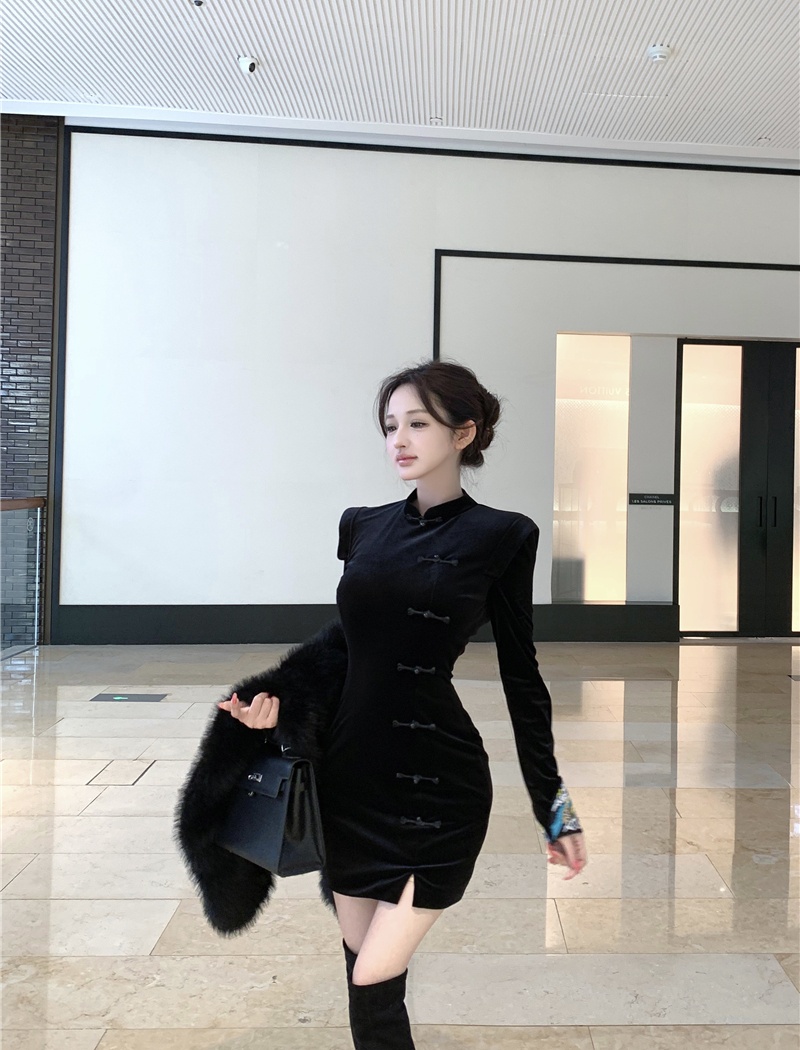 Cstand collar black dress retro Chinese style cheongsam