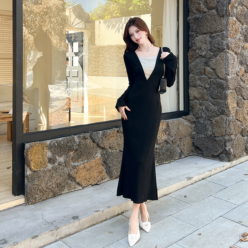 Autumn fashion dress splice package hip long dress