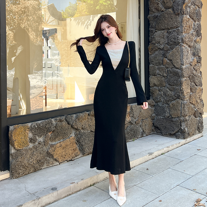 Autumn fashion dress splice package hip long dress