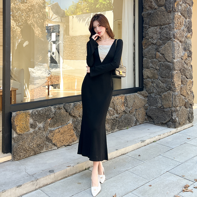 Autumn fashion dress splice package hip long dress