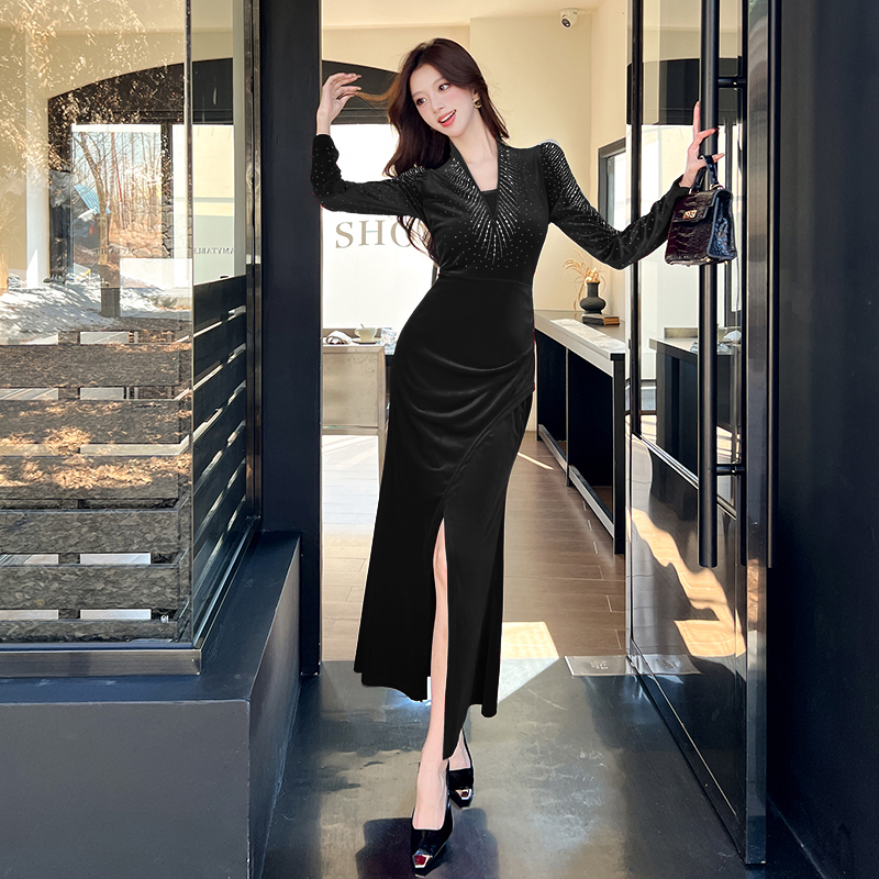 Package hip V-neck dress rhinestone fashion long dress