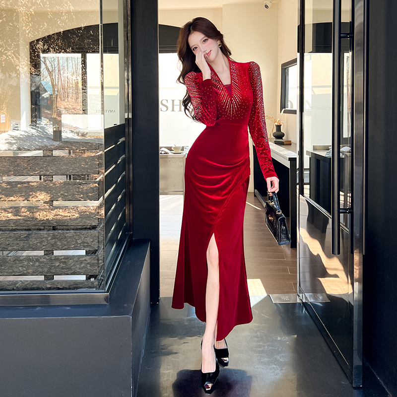 Package hip V-neck dress rhinestone fashion long dress