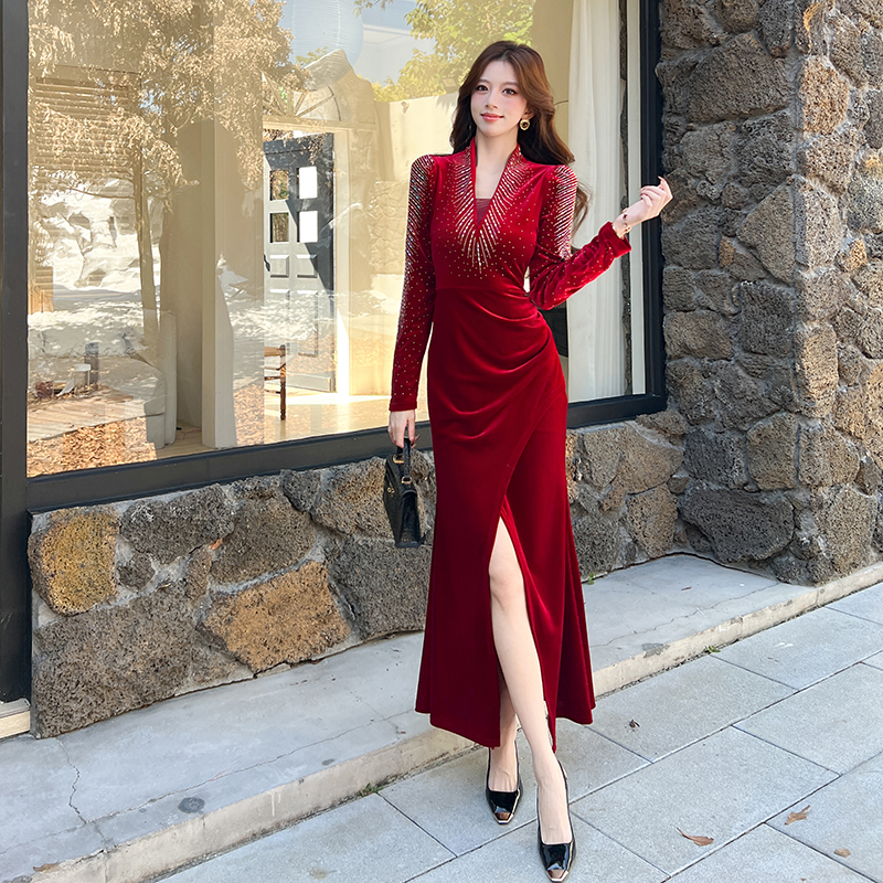 Package hip V-neck dress rhinestone fashion long dress