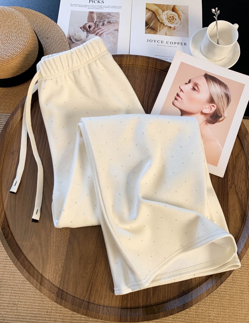 Diamond drawstring sweatpants thick high waist casual pants