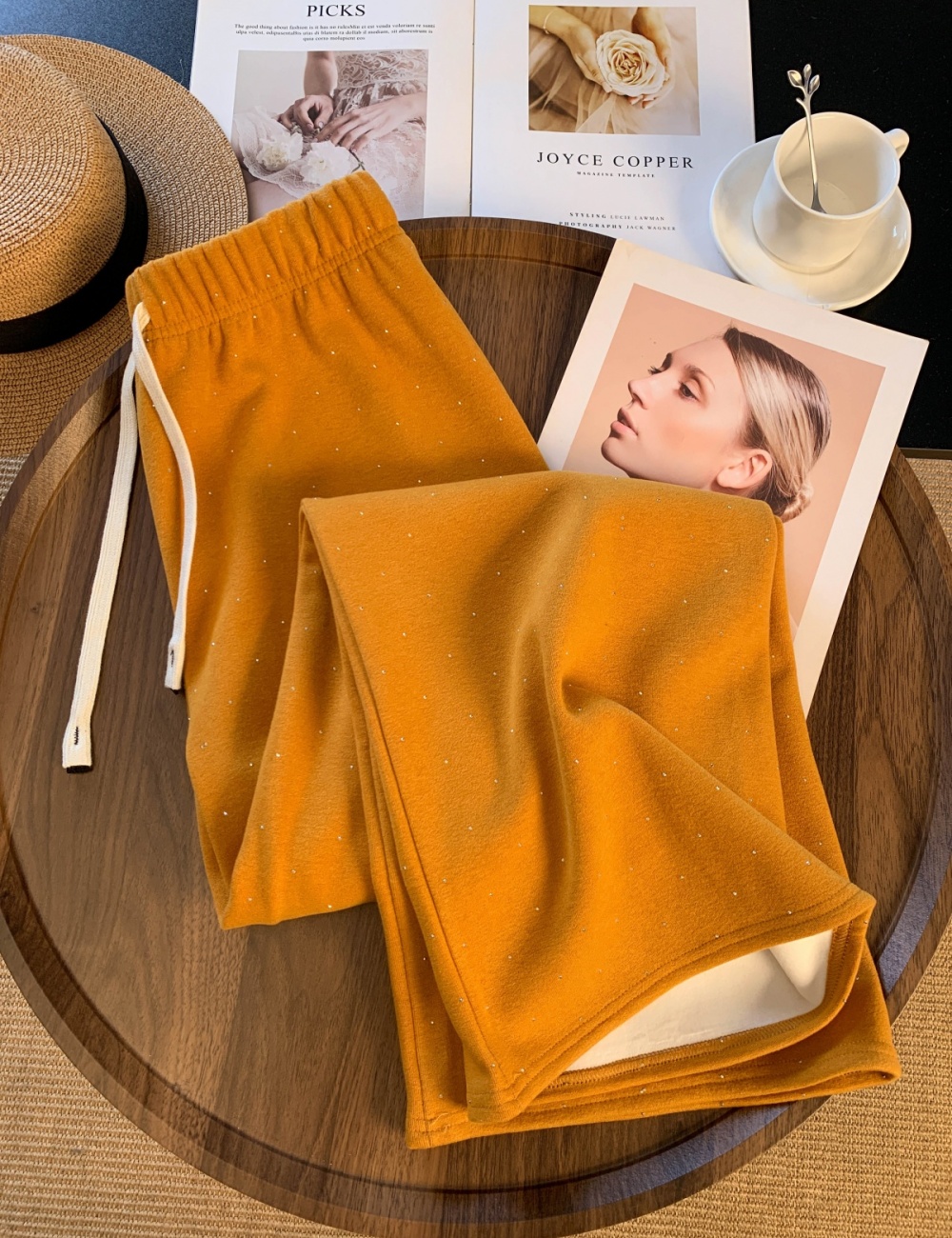 Diamond drawstring sweatpants thick high waist casual pants