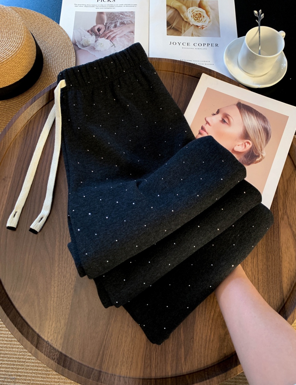 Diamond drawstring sweatpants thick high waist casual pants