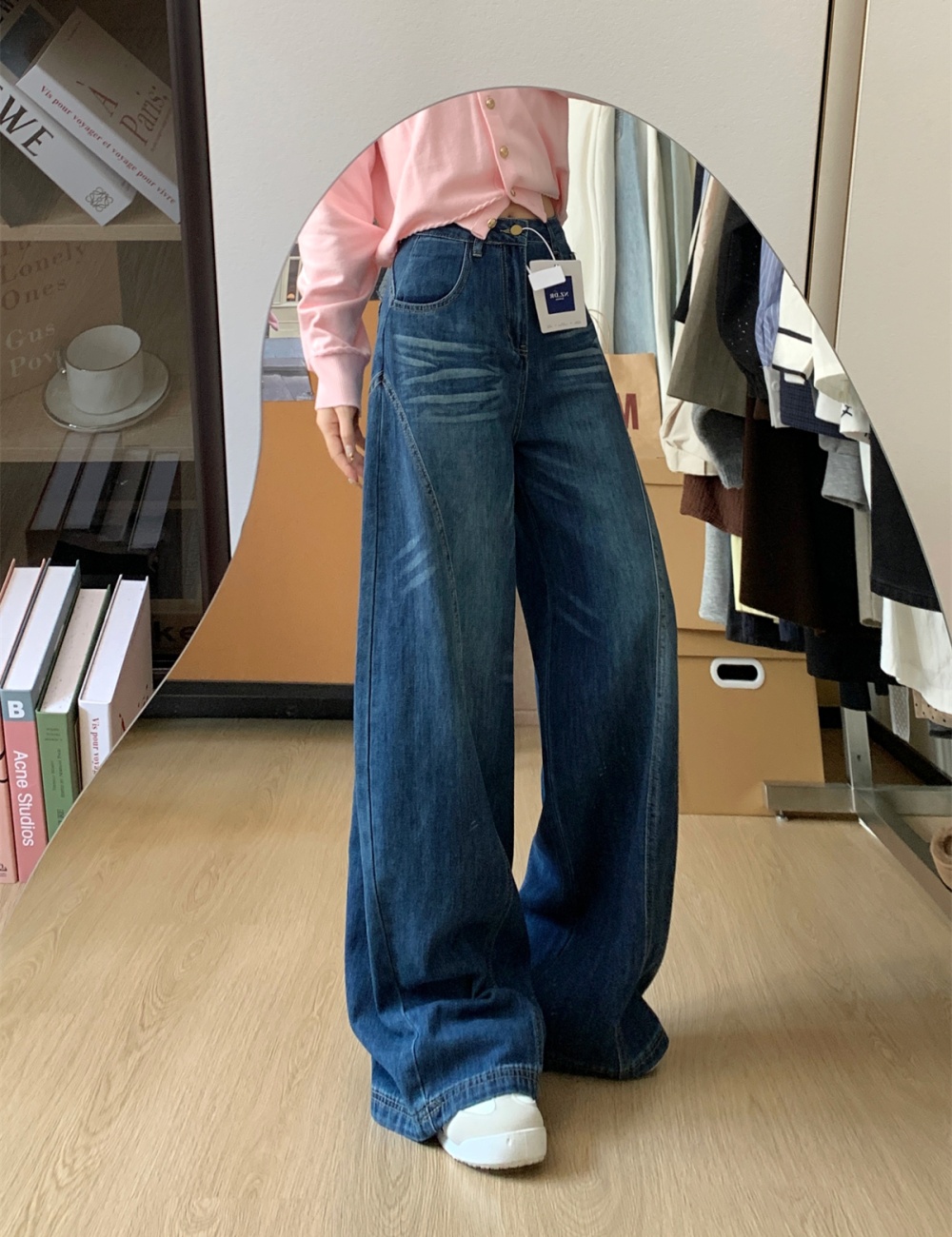 Retro slim straight jeans loose wide leg autumn and winter pants