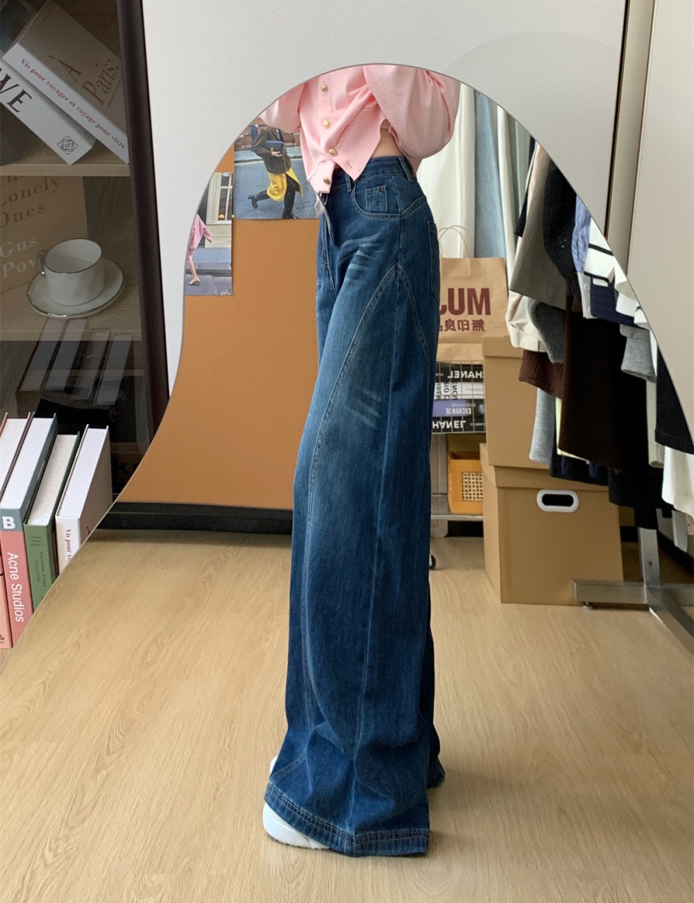 Retro slim straight jeans loose wide leg autumn and winter pants