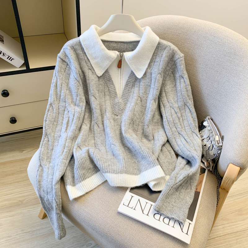 Fashion splice Pseudo-two zip sweater for women