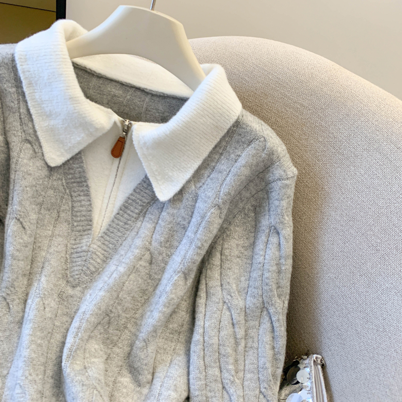 Fashion splice Pseudo-two zip sweater for women