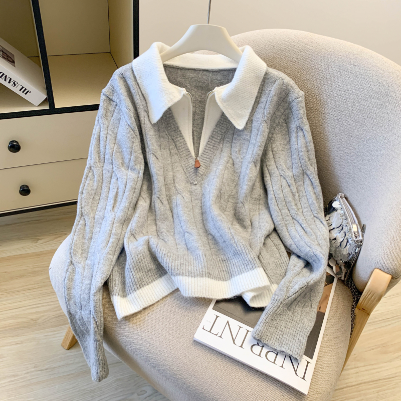 Fashion splice Pseudo-two zip sweater for women