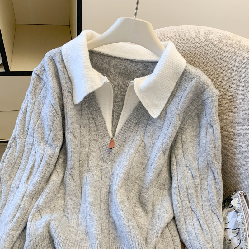 Fashion splice Pseudo-two zip sweater for women