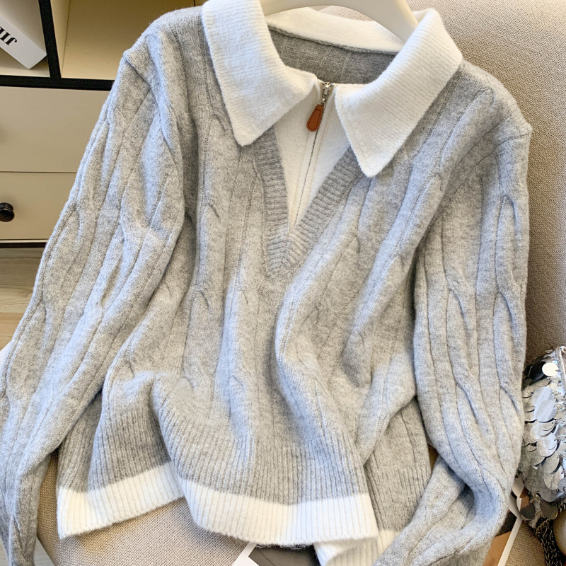 Fashion splice Pseudo-two zip sweater for women