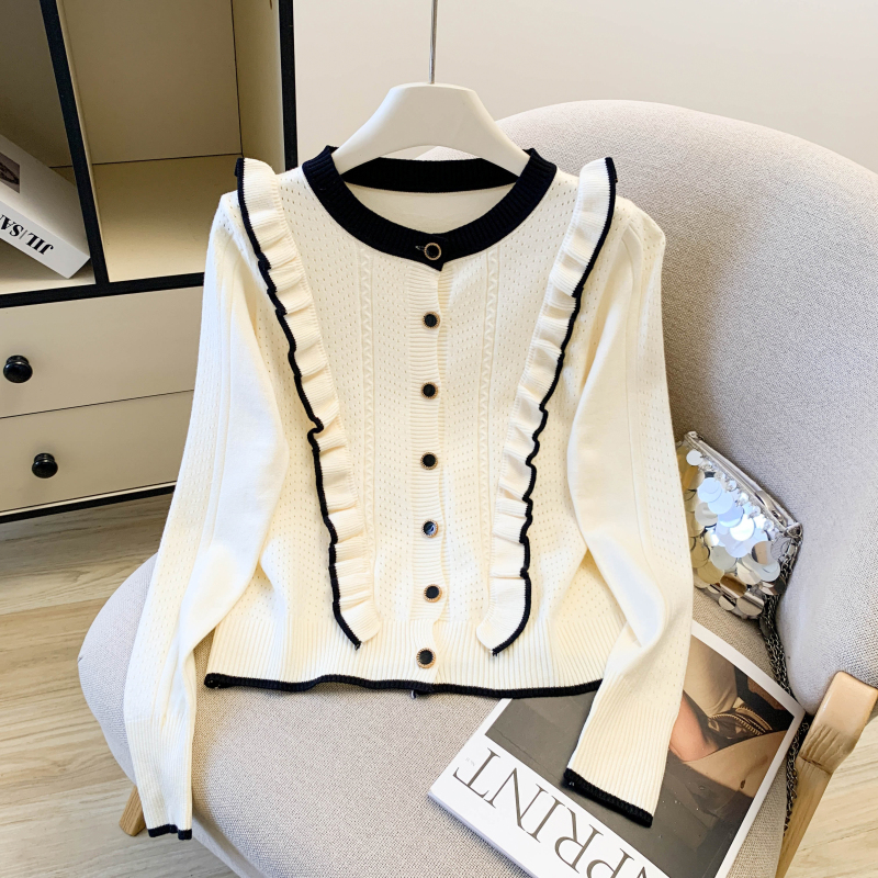 Splice thick cardigan Korean style lotus leaf edges sweater