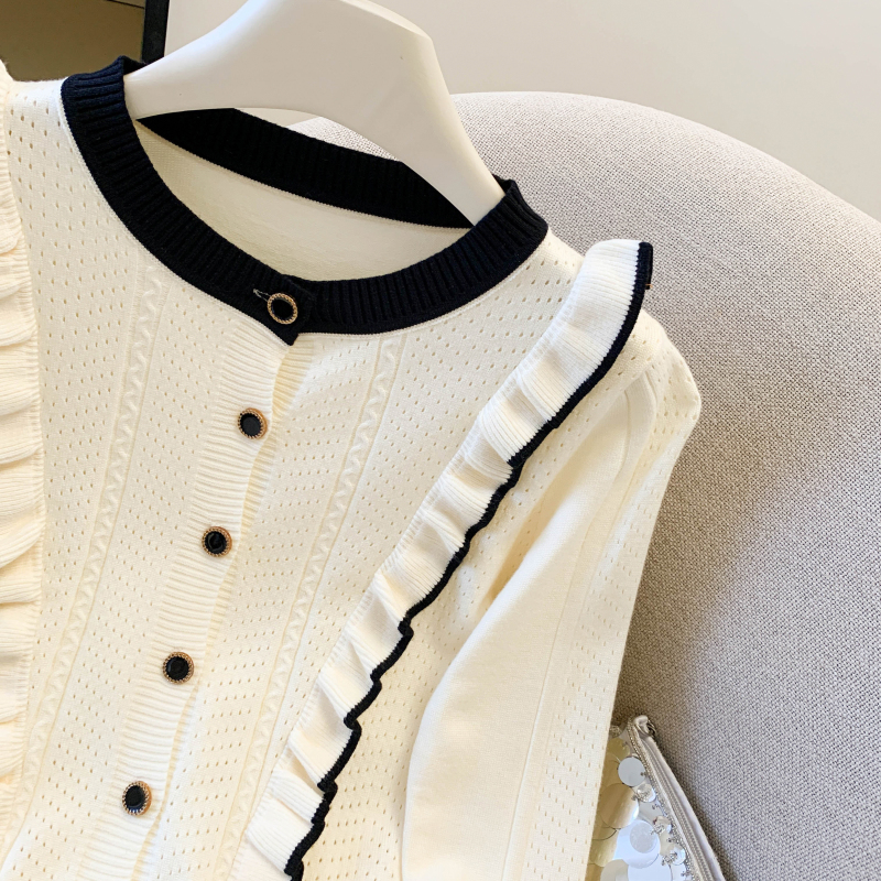 Splice thick cardigan Korean style lotus leaf edges sweater