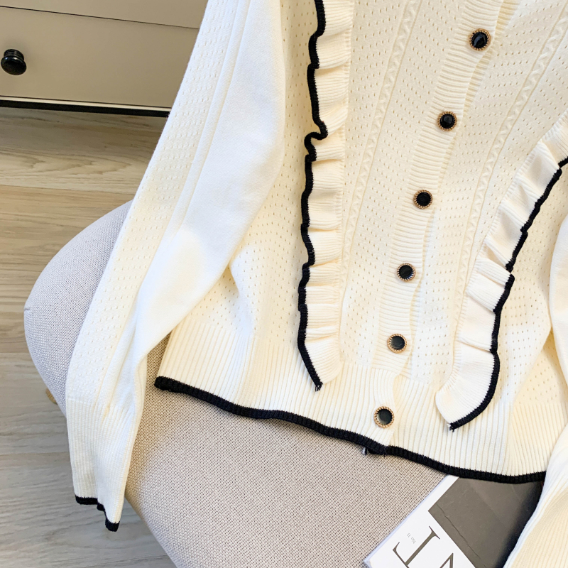 Splice thick cardigan Korean style lotus leaf edges sweater