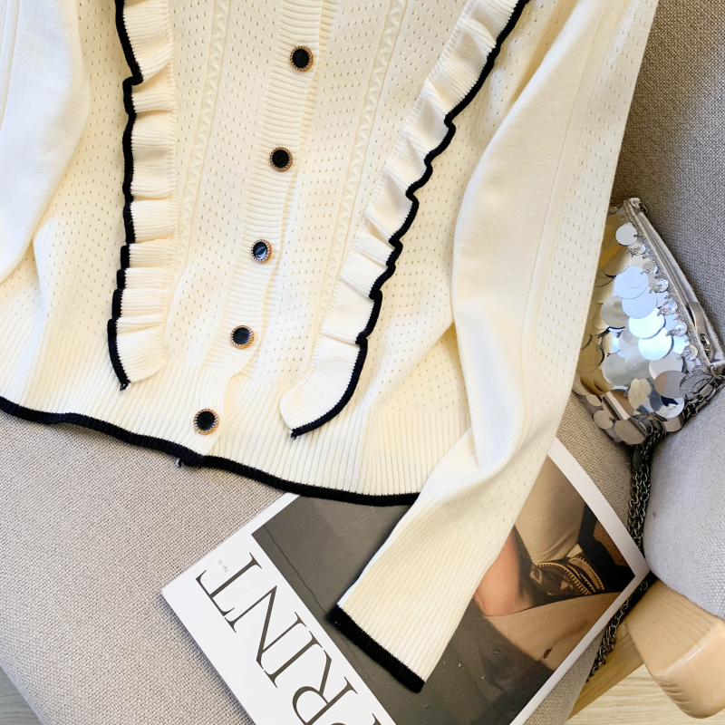 Splice thick cardigan Korean style lotus leaf edges sweater