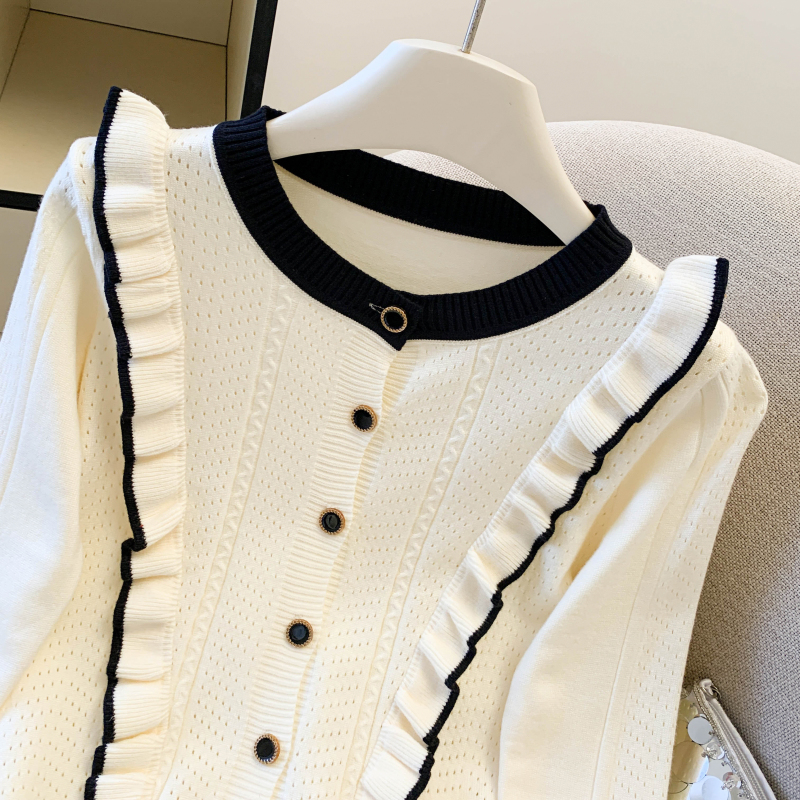 Splice thick cardigan Korean style lotus leaf edges sweater