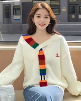 College style rainbow sweater retro V-neck coat for women