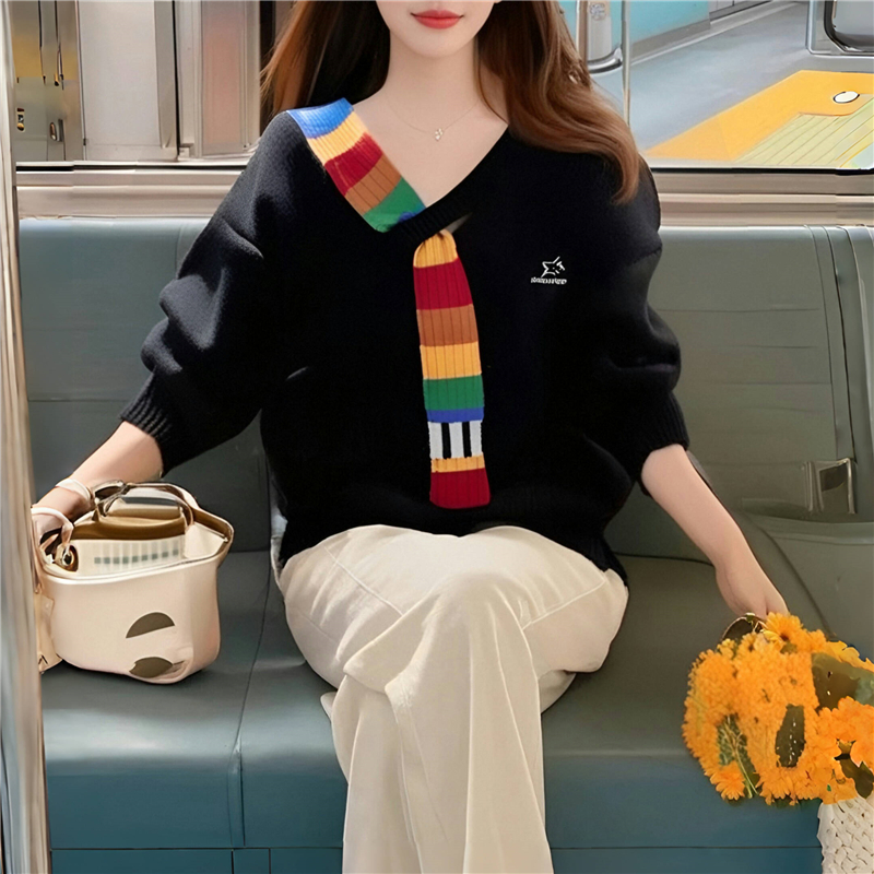 College style rainbow sweater retro V-neck coat for women