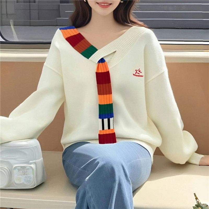 College style rainbow sweater retro V-neck coat for women