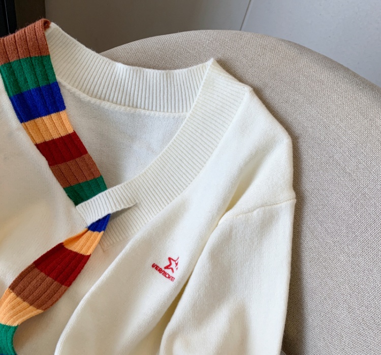 College style rainbow sweater retro V-neck coat for women