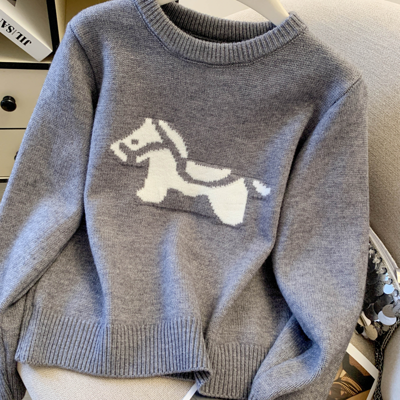 Western style thick pullover tops pony pattern sweater