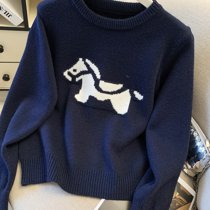 Western style thick pullover tops pony pattern sweater