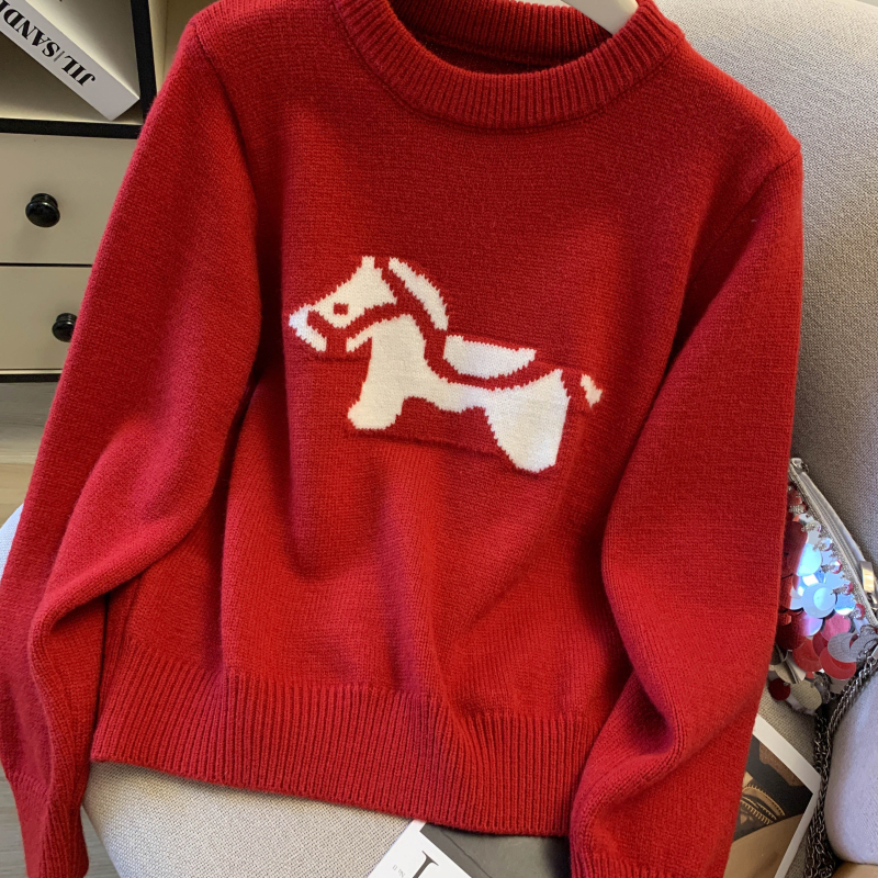 Western style thick pullover tops pony pattern sweater