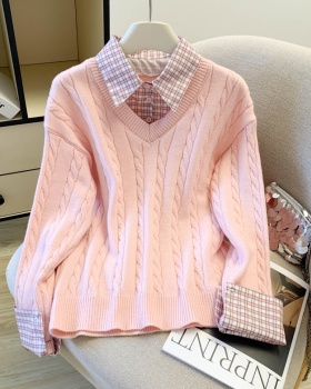 Twist splice sweater plaid pink tops for women