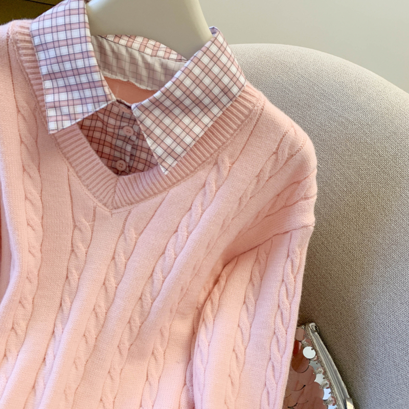 Twist splice sweater plaid pink tops for women