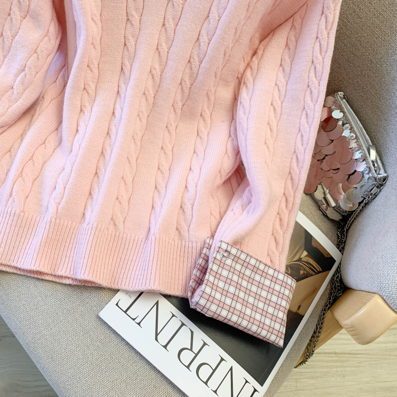 Twist splice sweater plaid pink tops for women