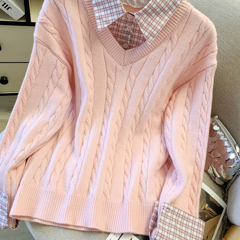 Twist splice sweater plaid pink tops for women