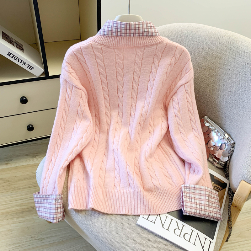 Twist splice sweater plaid pink tops for women