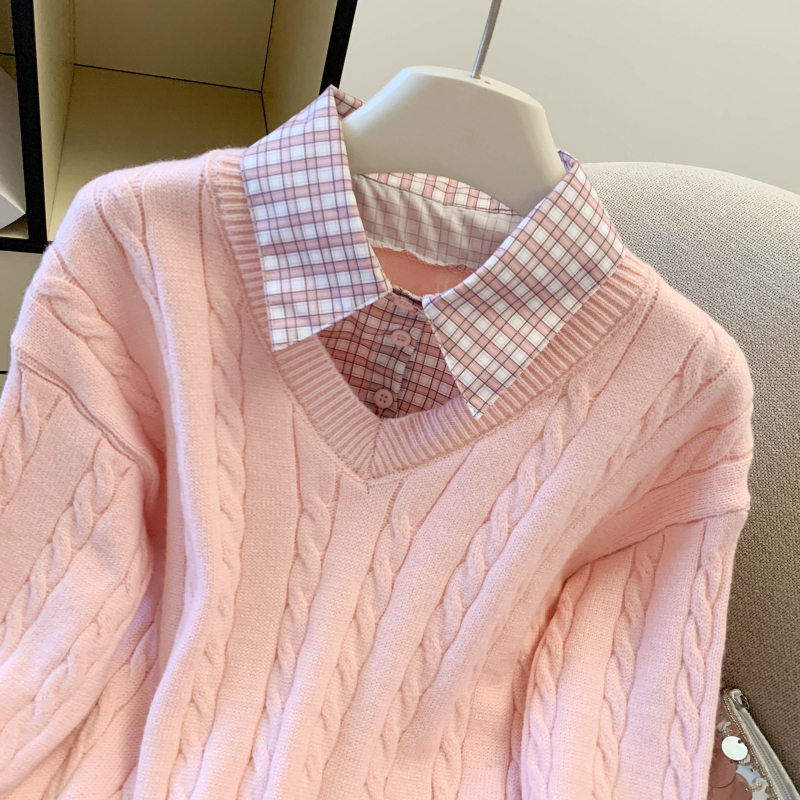 Twist splice sweater plaid pink tops for women