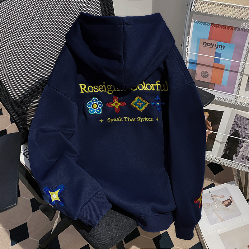 Couples plus velvet hoodie loose embroidery tops