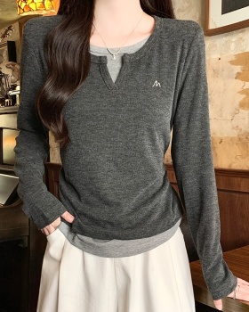 Slim winter bottoming shirt fold Pseudo-two T-shirt
