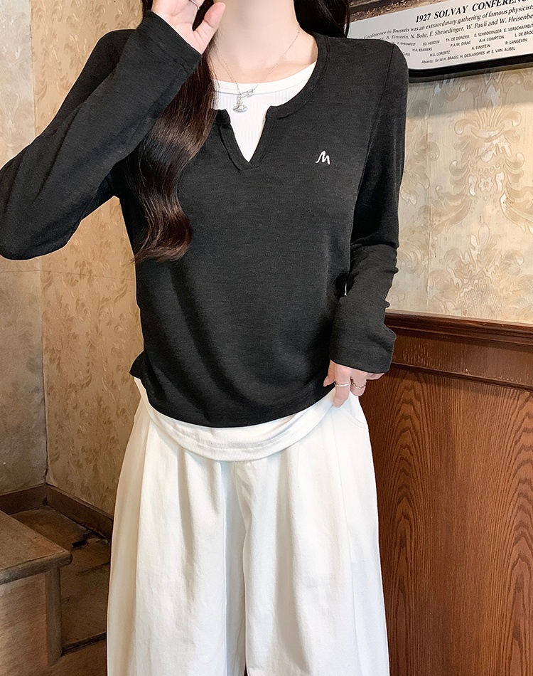 Slim winter bottoming shirt fold Pseudo-two T-shirt