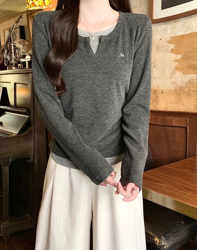 Slim winter bottoming shirt fold Pseudo-two T-shirt