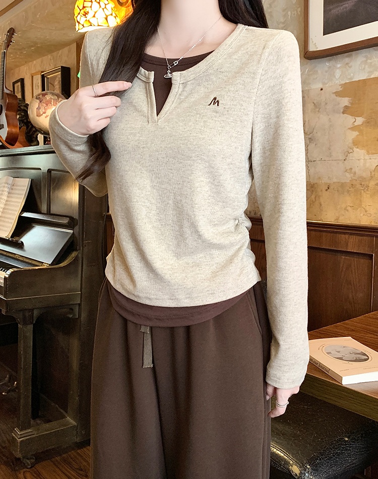 Slim winter bottoming shirt fold Pseudo-two T-shirt