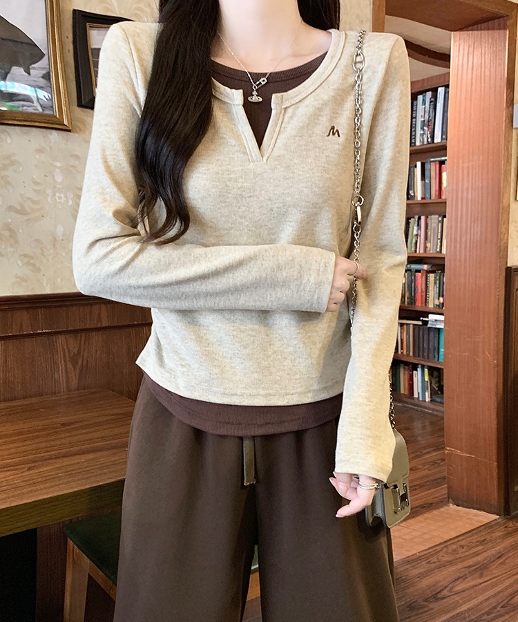 Slim winter bottoming shirt fold Pseudo-two T-shirt