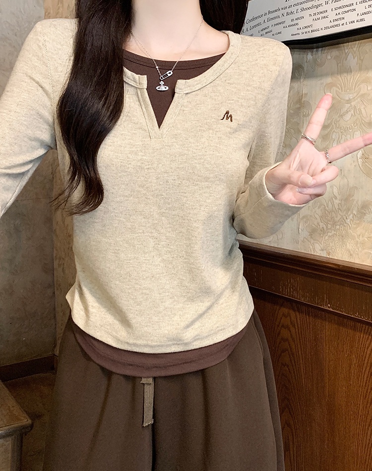 Slim winter bottoming shirt fold Pseudo-two T-shirt