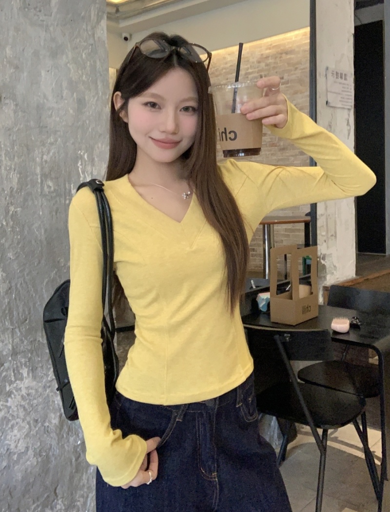 V-neck inside the ride T-shirt long sleeve bottoming shirt