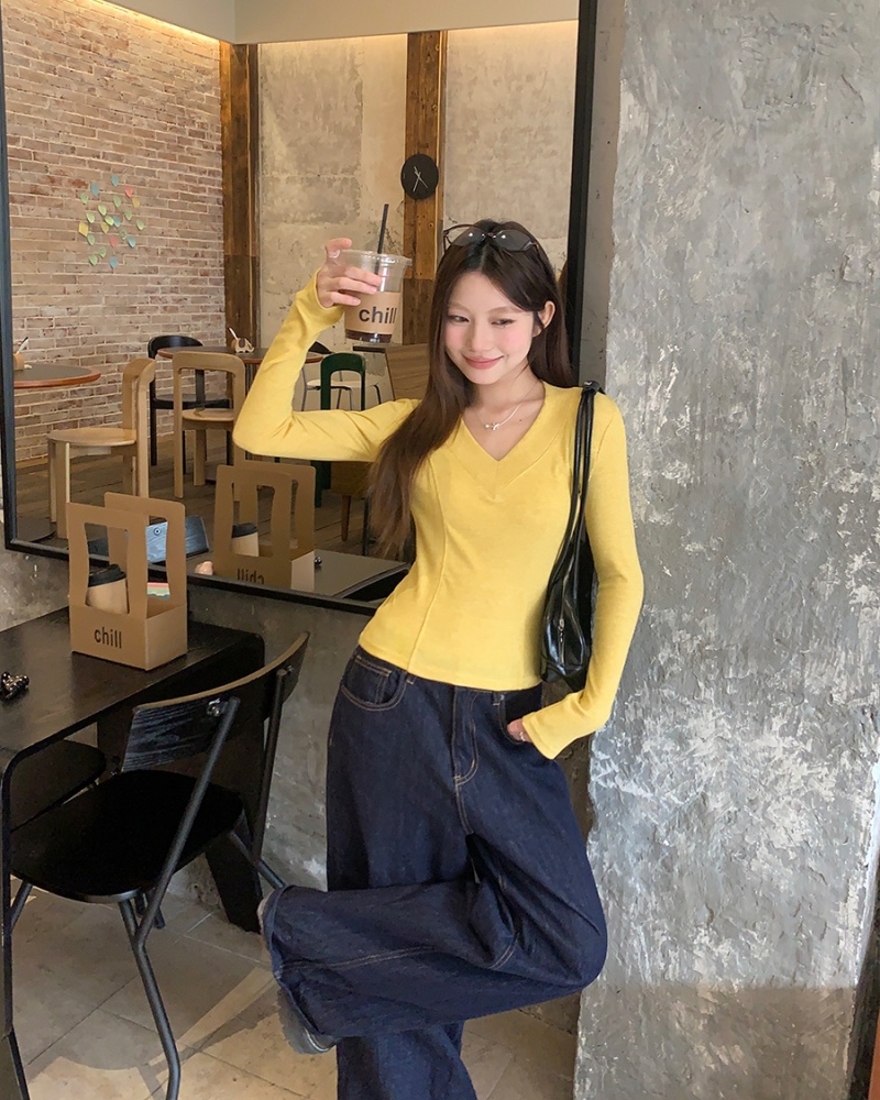 V-neck inside the ride T-shirt long sleeve bottoming shirt