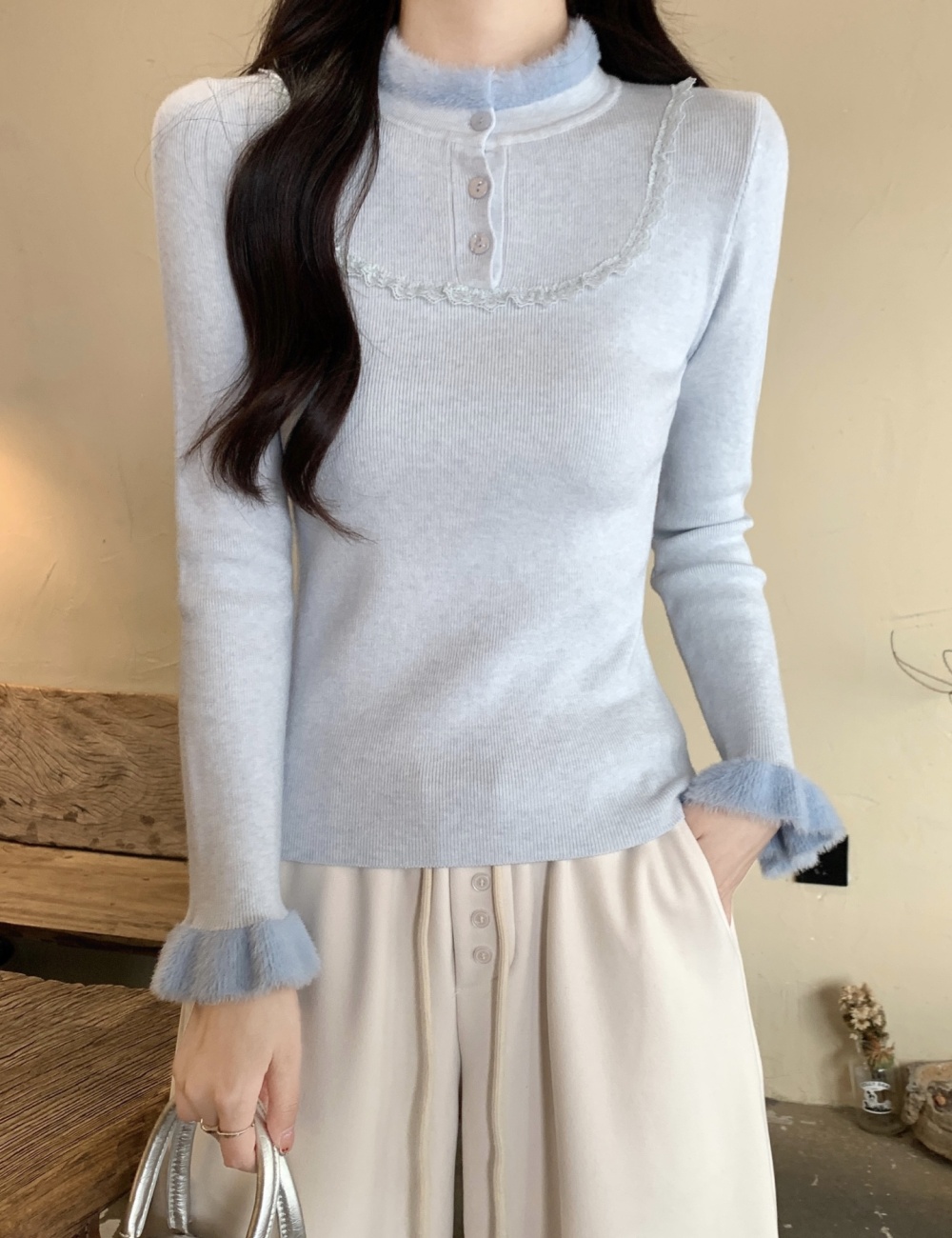 Knitted winter buckle bottoming shirt elmo tender tops for women