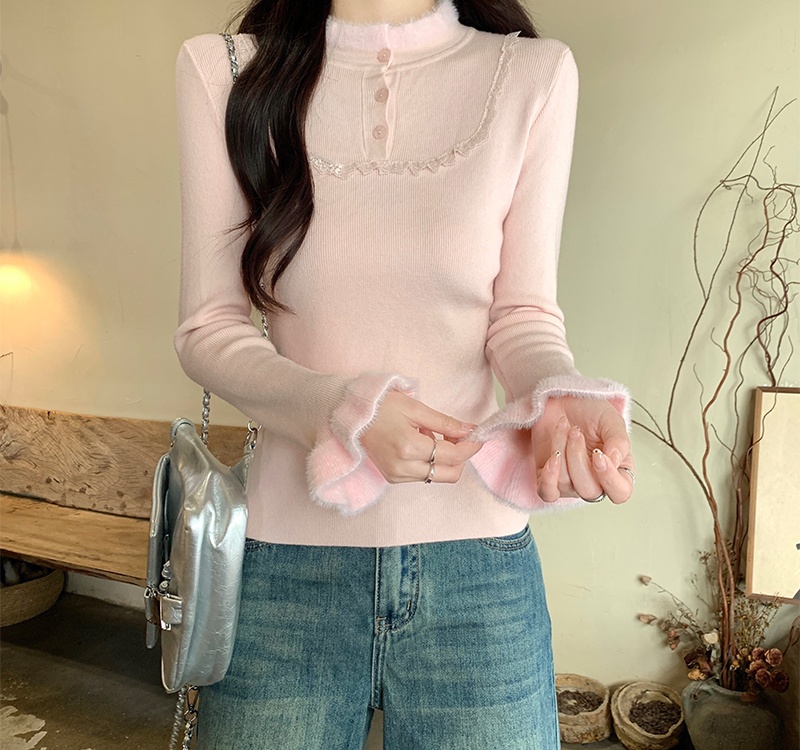 Knitted winter buckle bottoming shirt elmo tender tops for women